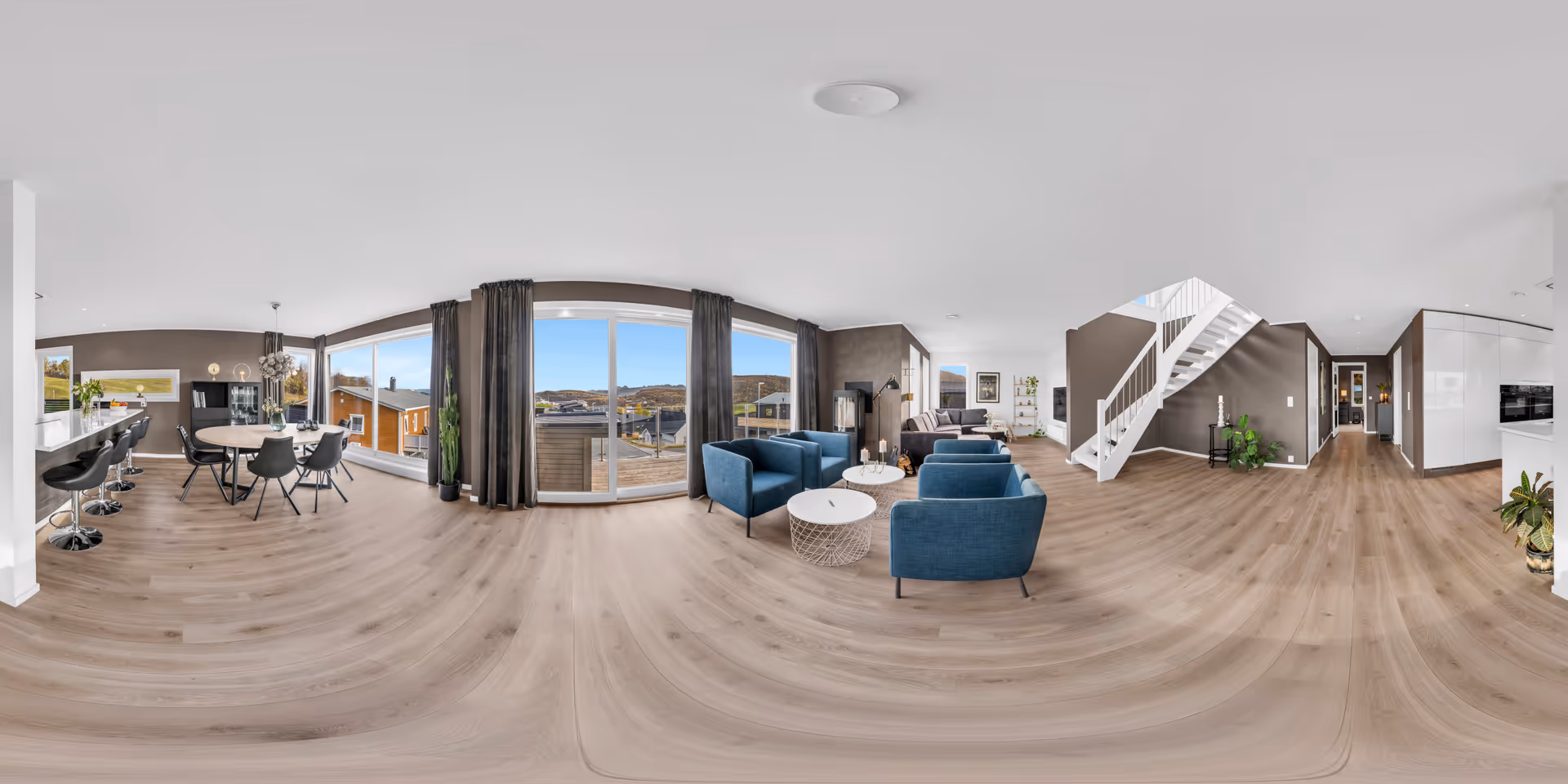 Panoramic image capturing interior and exterior areas after